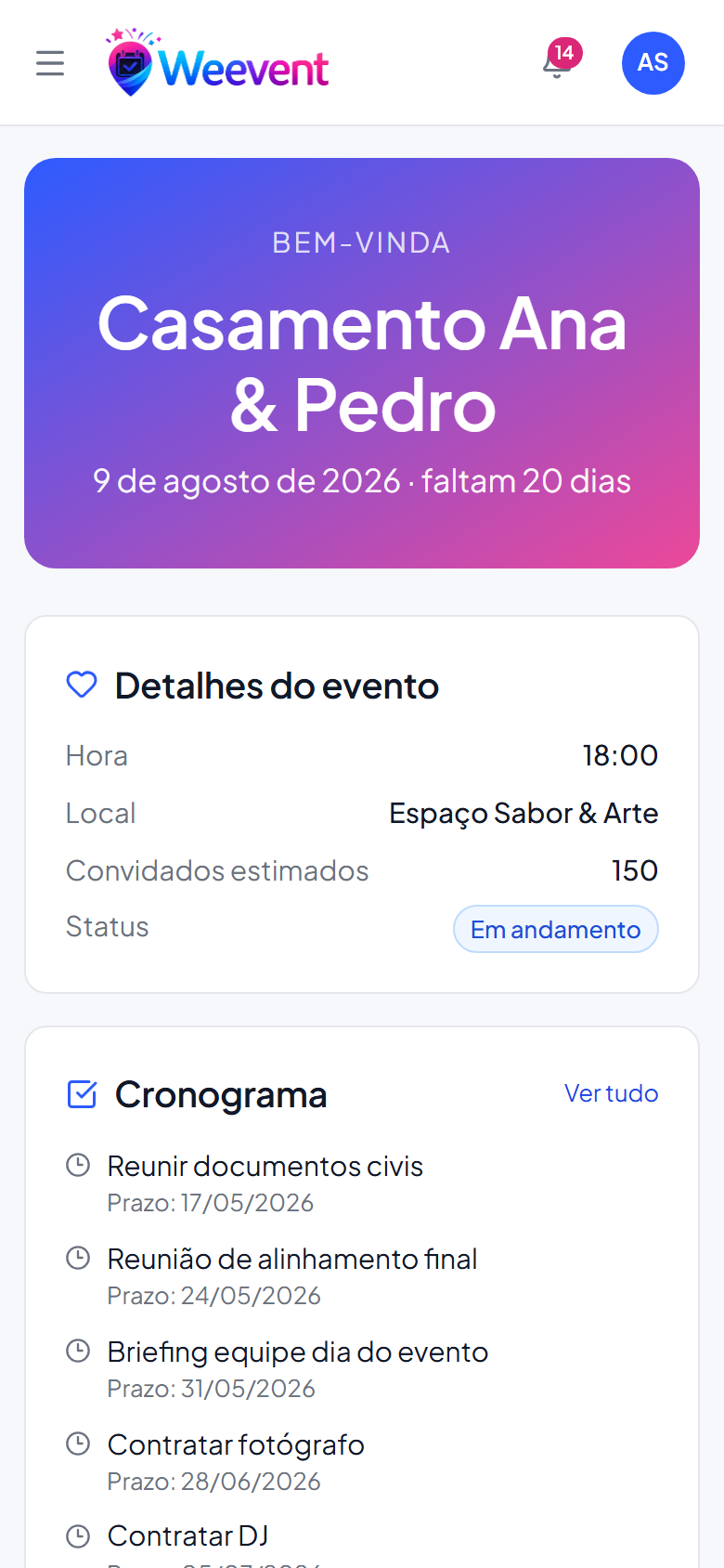 App mobile do cliente (casal) no Weevent